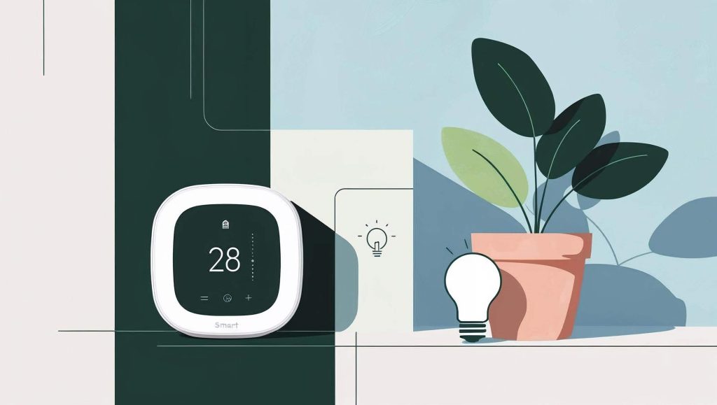 Digital illustrasjon for guide om smarthjem for nybegynnere, viser stilisert smart termostat, lyspære-ikon og plante i en ren, moderne komposisjon.