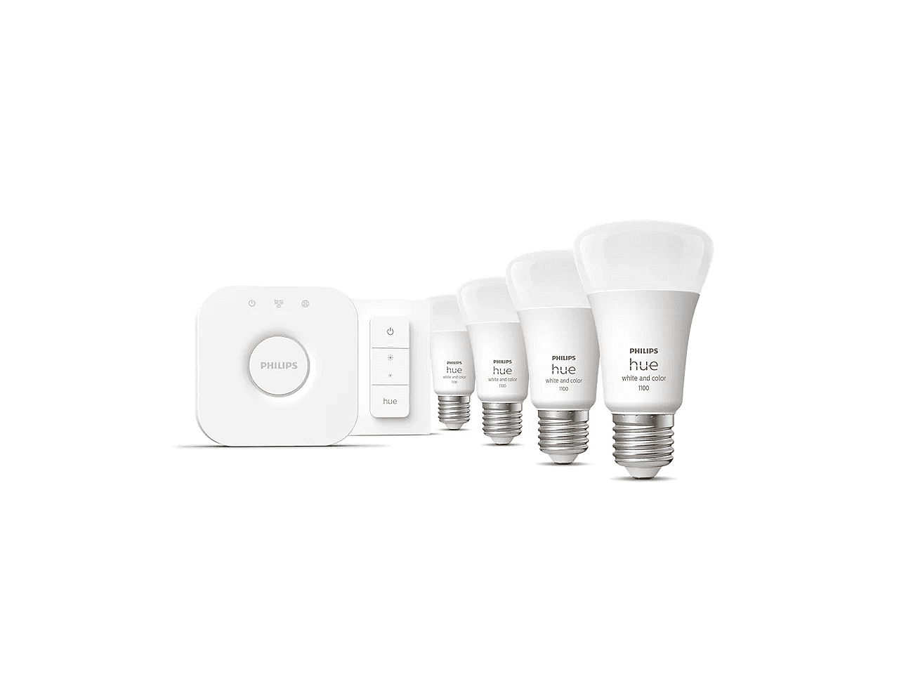 Philips Hue Starter Kit komponenter: Hue Bridge, fire E27 smarte lyspærer, og en Hue Dimmer Switch